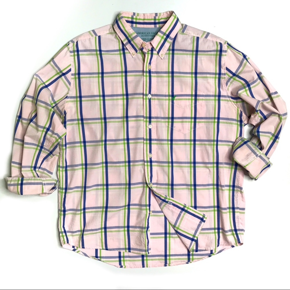 Mens American Eagle Pink Plaid Button Down Shirt Size Large - Picture 1 of 8